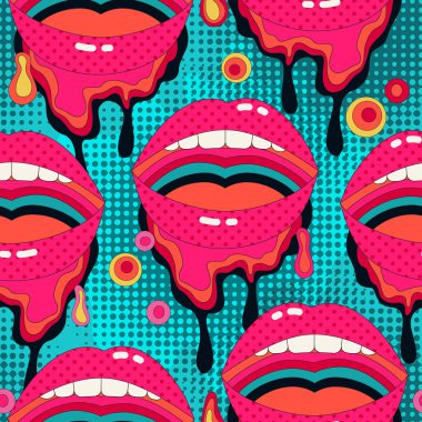 Melez pop sanatında komik dudaklar, psikedelik tarzda. Ağzı açık, dişleri dökülmüş, boya damlatıyor, benekleri pürüzsüz. Moda, poster ve şablon tasarımı için cesur vektör çizimi