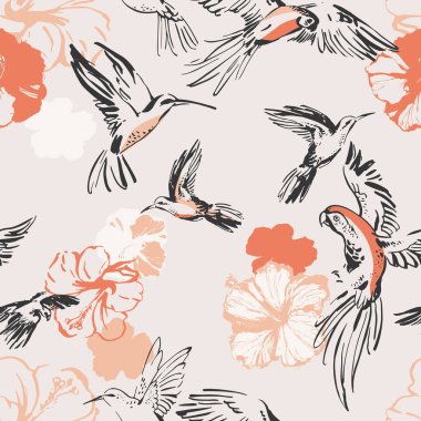 Uçan egzotik kuşlar ve çiçek desenleri. Çizgi çizimi papağanlar, sinekkuşları, botanik çiçekleri. Tekstil, kumaş, duvar kâğıdı vs. için sanat arkaplanı. Vektör, EPS 10