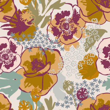 Soyut haşhaş çiçeğinin altın rengi kusursuz deseni. Güzel çiçek arkaplanı: gelincikler ana hatları, grunge dokuları, küçük kır çiçekleri. Tekstil ve duvar kağıtları için vektör sanatı çizimi