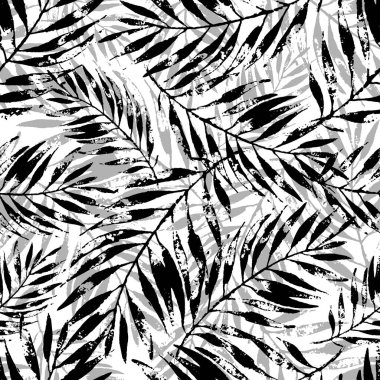 Yaz sanatı illüstrasyonu: kaba grunge tropikal yaprakların arka planı siyah ve beyaz renklerde. Tek renkli soyut palmiye yaprağı, vektörsüz desen. El çizimi tasarım