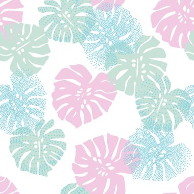 Soyut çiçekli, dikişsiz canavar yaprağı deseni. El çizimi tropikal siluetler, yarım tonlu, optik yamuk yapraklı canavarlar. Alışılmadık tropik illüstrasyon