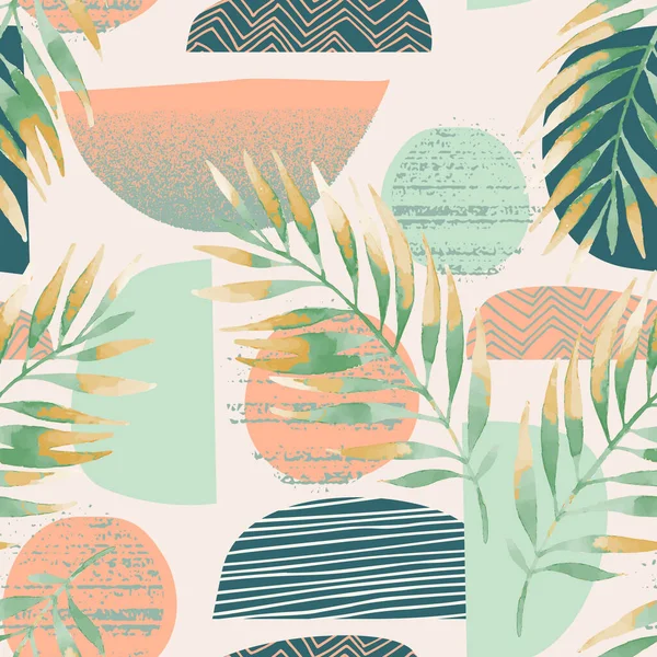 Hand drawn seamless pattern in scandinavian minimal style. Modern vector illustration with tropical palm leaf on grainy grunge textures, geometric shapes, doodles background. Watercolor summer art
