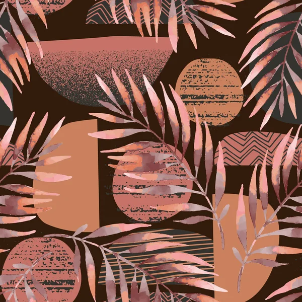 İskandinav usulü asgari düzeyde elle çizilmiş kusursuz desen. Gri grunge dokuları, geometrik şekiller ve karalama arkaplanı üzerinde tropikal palmiye yaprağı olan modern vektör çizimi. Suluboya yaz sanatı