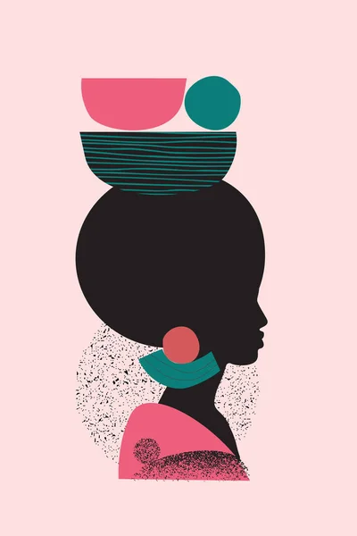 Abstract black woman profile in geometric ethnic style. Natural beauty silhouettes drawing with geometrical shapes, grainy grunge textures, doodles. Vector fashion illustration