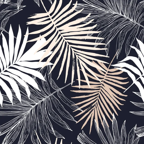 Graphic botanical tropical leaf background. Exotic foliage in silhouette and outline shapes seamless pattern. Hand drawn vector illustration in trendy style