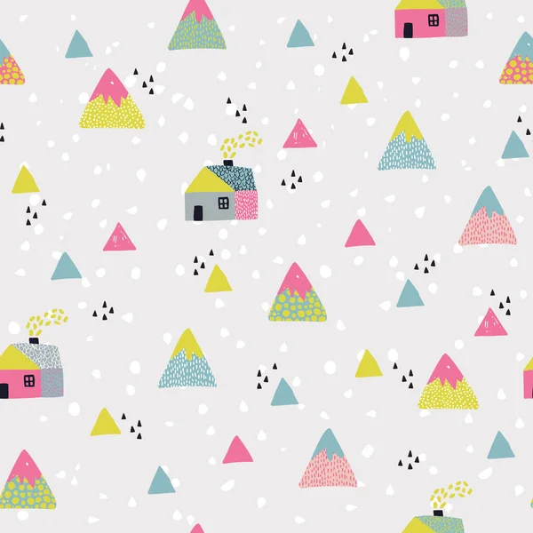 Abstract Houses Mountains Seamless Pattern Cute Geometric Doodle Woodland Background — Stock Photo, Image