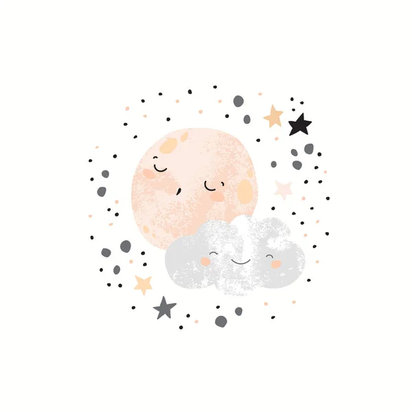 Jolie Lune Dormant Sur Nuage Souriant Illustration Dessinée Main Pour — Photo