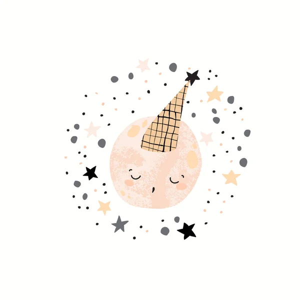 Cute moon sleeping. Full moon character in a night hat. Hand drawn cartoon illustration for nursery design. Kids vector artwork