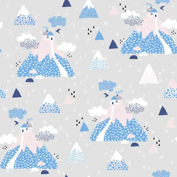 Abstract House Mountains Seamless Pattern Cute Geometric Doodle Landscape Background — Stock Photo, Image