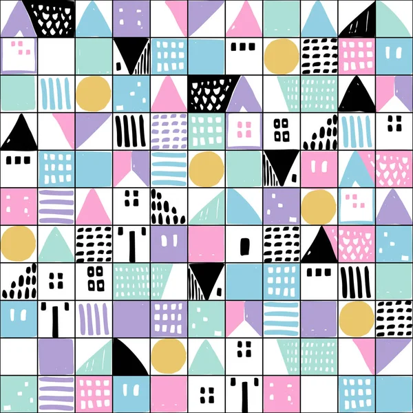 Geometrické Domy Ručně Kreslené Strukturované Tvary Bezešvé Vzory Abstraktní Domácí — Stock fotografie