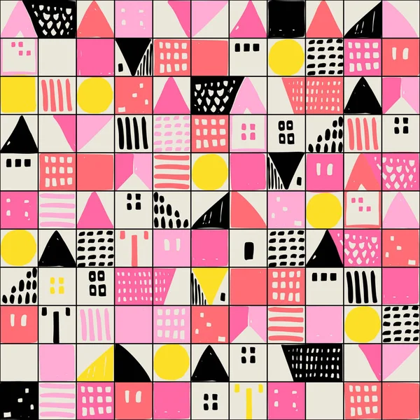 Casas Geométricas Dibujado Mano Formas Texturizadas Patrón Sin Costuras Fondo —  Fotos de Stock