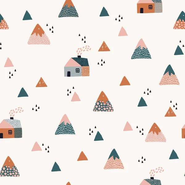 Abstract Houses Mountains Seamless Pattern Cute Geometric Doodle Woodland Background — Stock Photo, Image