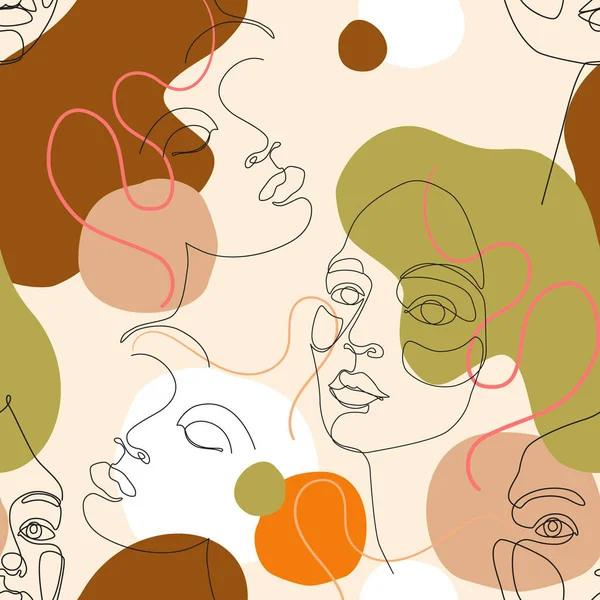 Soyut kadın portresi kusursuz desen. Kadın, arka planda en az şekil ve kıvrımlı çizgilerle çizilmiş bir çizgiyle karşı karşıya. Moda tasarımı için kadın portreleri. Cazibeli güzellik çizgisi