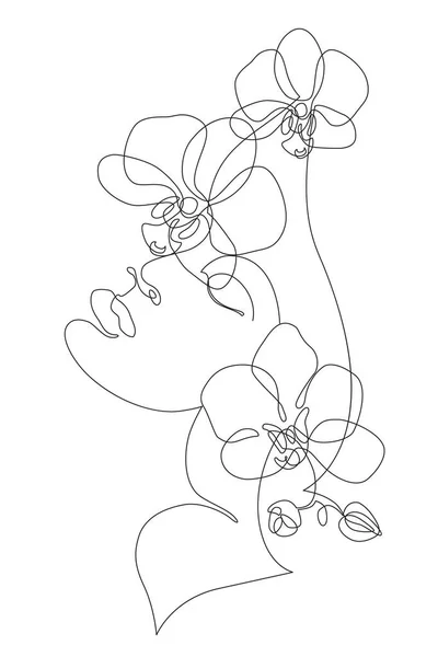 美しい女性の連続ラインアート 熱帯の花を持つ女性の肖像 蘭の花 ファッションデザインのための手描きイラスト ベクトル1ライン図面 グラマー美しさの背景 — ストック写真