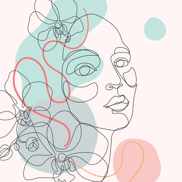 Kadın, en az şekilli, kıvrımlı çizgiler ve güzel orkidelerle bir çizgi çiziyor. Moda tasarımı için tropik çiçek resimli kadın portresi. Genç kızın asgari çizimi