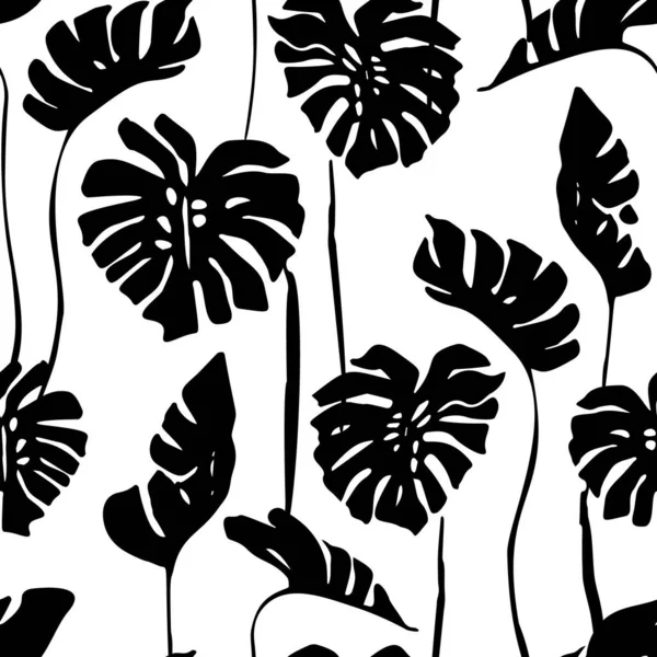 Abstract tropical art seamless pattern. Monstera and palm leaves silhouettes, line art background. Tropical leaves vector design. Hand drawn botany illustration in black and white colors