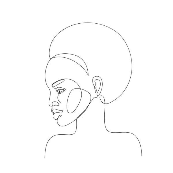 Abstract black woman profile in modern one line style. Natural beauty continuous line simple drawing. Afro girl isolated on white background. Vector fashion illustration