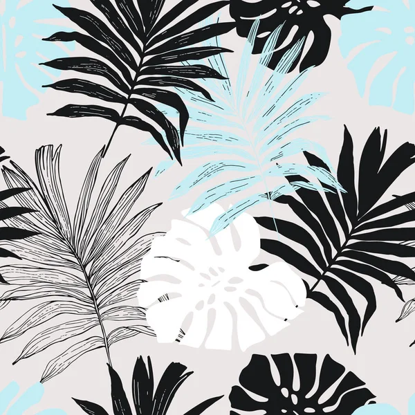 Minimal tropical art seamless pattern. Monstera and palm leaves silhouettes, line art background. Tropical leaves vector design. Hand drawn botany illustration in pastel colors