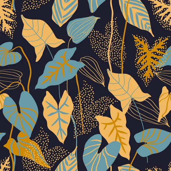 Minimal floral pattern in scandinavian style. Abstract Tropical leaves with line, dots textures seamless pattern on black background. Nordics vector artwork for textile, fabric, wallpaper design