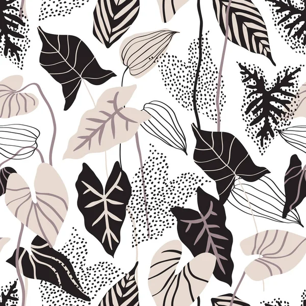 Minimal floral pattern in scandinavian style. Abstract Tropical leaves with line, dots textures seamless pattern on white background. Nordics vector artwork for textile, fabric, wallpaper design