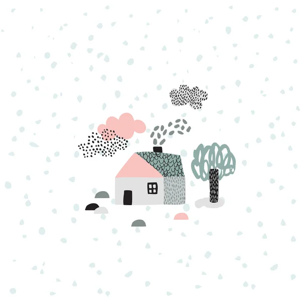 Cute Cartoon House Tree Landscape Elements Geometric European House Illustration — Stock Photo, Image