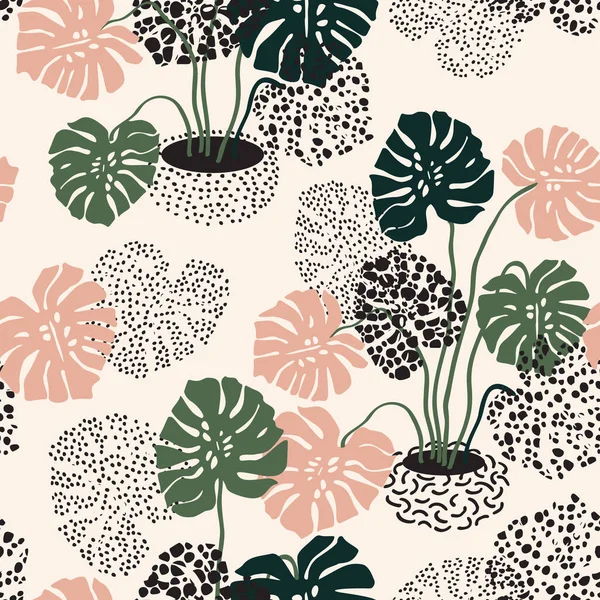 スカンディナヴィア風のミニマルな花柄 抽象的なモンスターの花のシームレスなパターン テクスチャポットの背景に熱帯の観葉植物 テキスタイル ファブリック 壁紙デザインのための北欧ベクトルアートワーク — ストック写真