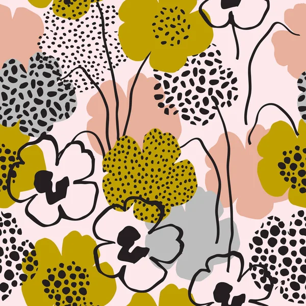 Minimal floral seamless pattern in trendy style. Surface design with abstract flowers, minimal shapes, doodles on background. Botany vector repeated artwork for textile, fabric, wallpaper design