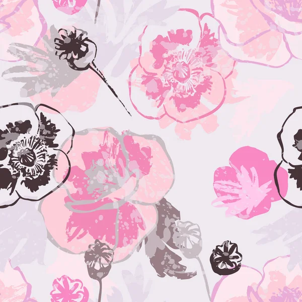 Abstract poppy flower seamless pattern. Beautiful floral pattern: pastel beige, pink poppies, grunge textures, rough brush strokes on white background. Vector art illustration for textile, wallpaper