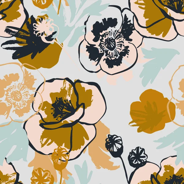 Abstract poppy flower seamless pattern in pastel golden colors. Beautiful floral background: poppies outline, grunge textures, rough brush strokes. Vector art illustration for textile, wallpaper