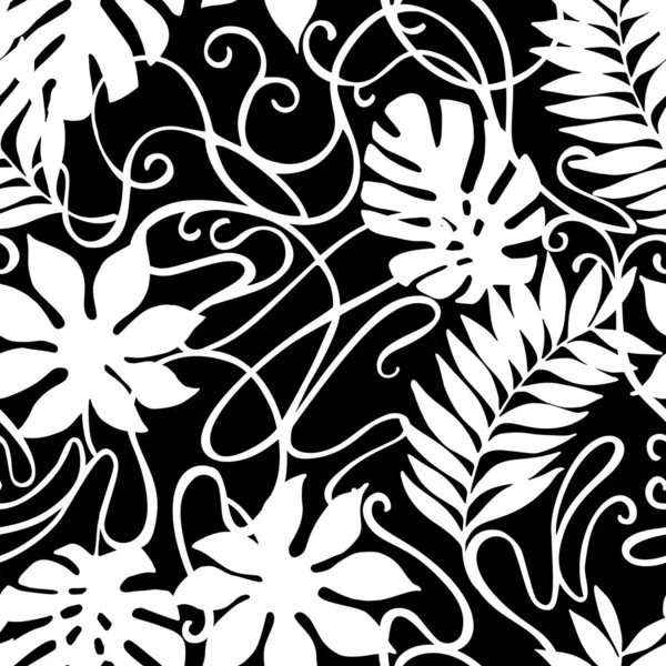 黒と白の熱帯の花 ヴィンテージの装飾シームレスなパターン 植物図 熱帯の葉のシルエット パーム モンスターリーフアートヌーボーを繰り返します ベクトルEps１０ — ストック写真