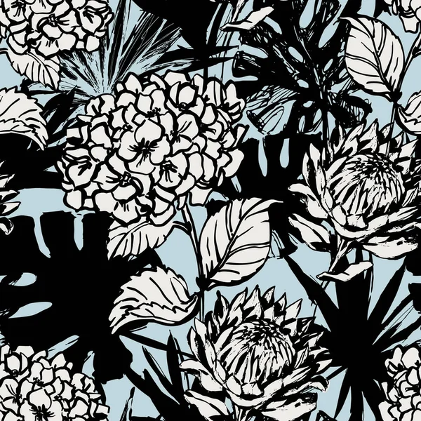 熱帯性のシームレスなパターン 手描きの抽象的な熱帯夏の背景 アジサイ お茶の花 シルエット ラインアート グランジ スクリブルなテクスチャでモンスターの葉 ベクターイラスト — ストック写真
