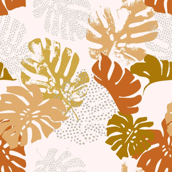 Art illustration: rough grunge tropical leaves filled with grunge texture, doodle elements background. Abstract monstera leaf in golden colors, vector seamless pattern. Hand drawn summer design