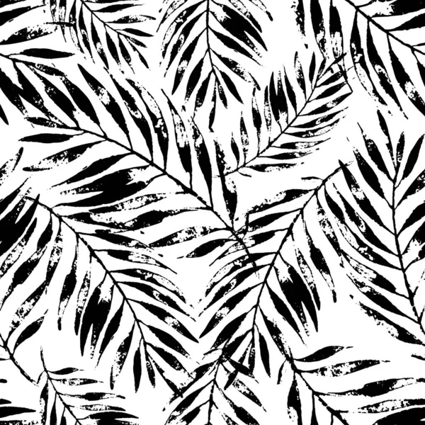夏のアートイラスト 粗いグランジ熱帯の葉の背景は黒と白の色で 単色で抽象ヤシの葉 ベクトルシームレスパターン 手描きデザイン — ストック写真