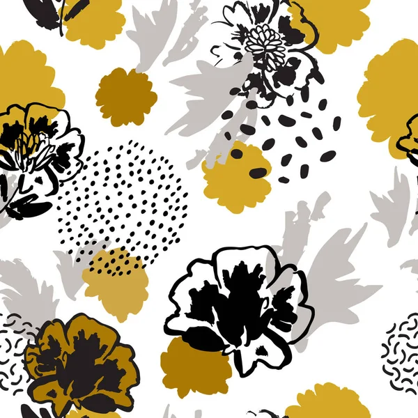 Minimal floral background. Abstract poppy flowers, leaves silhouettes, doodles seamless pattern. Hand drawn sketch. Vector botanical illustration for packaging, wallpaper, textile design