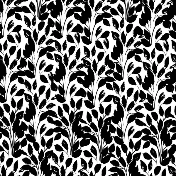 Abstract floral graphic seamless pattern in black and white colors. Organic twigs with leaves silhouettes background. Small twigs repeat. Vector botanical illustration for wallpaper, wrapping, textile, fabric