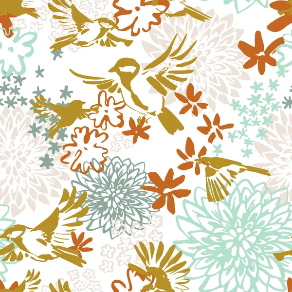 Абстрактна Хризантема Дрібні Квіти Літаючі Птахи Безшовний Візерунок Осінній Квітковий — стокове фото
