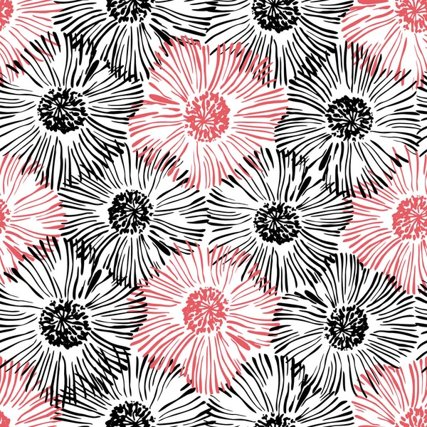 抽象的な花のシームレスパターン 手描き黒と赤の花の背景 ファブリック 壁紙などの装飾アートイラスト — ストック写真
