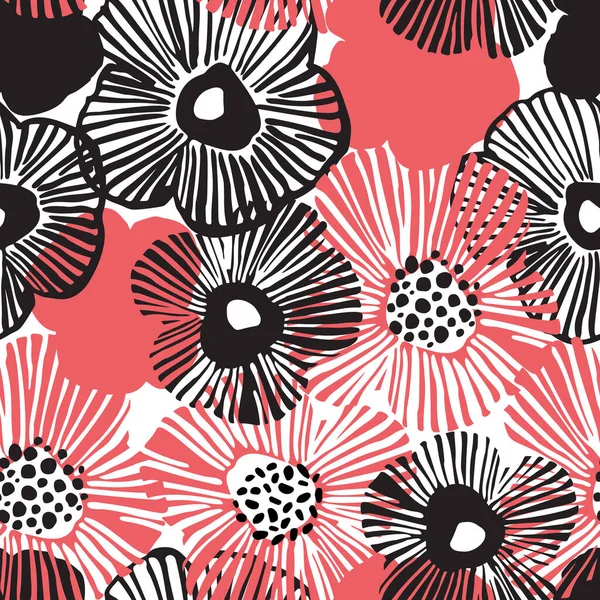 Patrón Sin Costura Floral Abstracto Flores Margarita Negra Roja Dibujadas —  Fotos de Stock