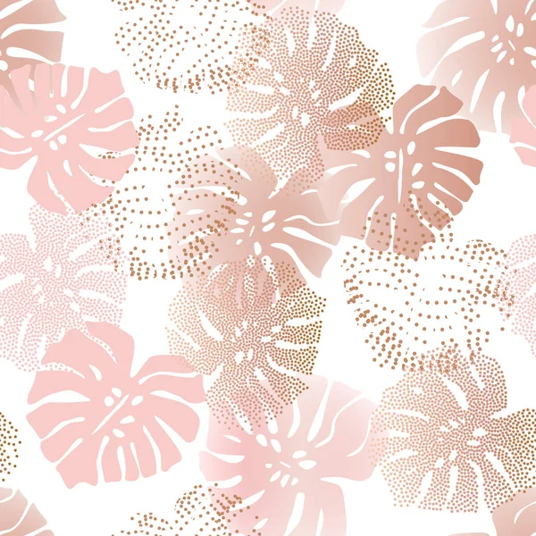 Abstract floral seamless pattern of monstera leaves. Monochrome tropical gradient and dotted leaves with optical distorted half tone background. Unusual pink rose blush colored illustration