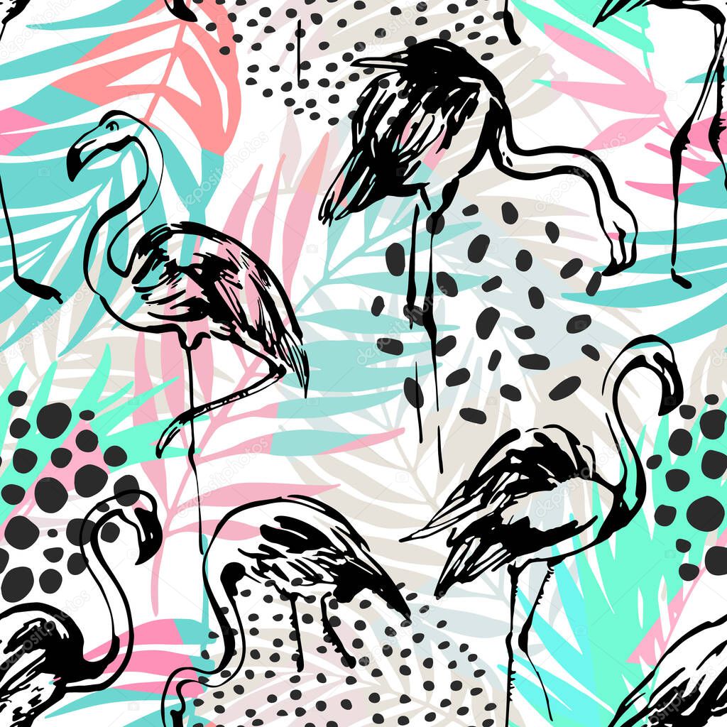 Tropical seamless pattern with flamingos, palm leaves, triangles, grunge textures. Exotic hawaiian art background in 80s 90s style. Hand drawn sketchy birds illustration for summer beach design