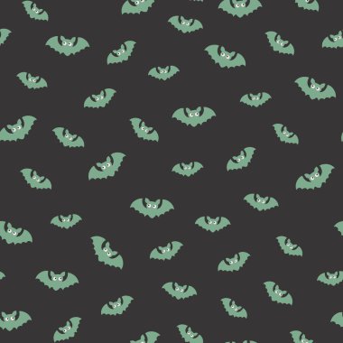 Cute bat flat seamless pattern. Happy Halloween party print with flying bat silhouette. Vector illustration for holiday wrapping, kids fabric, holiday decoration, textile, wallpapers, background