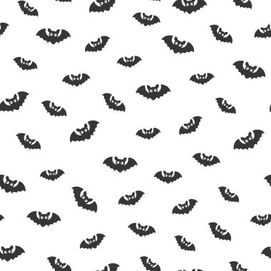Cute bat flat seamless pattern. Happy Halloween party print with flying bat silhouette. Vector illustration for holiday wrapping, kids fabric, holiday decoration, textile, wallpapers, background