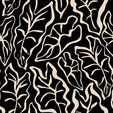 Soyut tropikal yapraklar pürüzsüz desen oluşturuyor. Yaz dönemi. Minimalist baskı, kapak, boho ev dekorasyonu, duvar kâğıdı tasarımı Vektör sanatı için el yapımı grunge mürekkep desenli minimal illüstrasyon