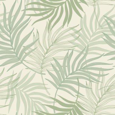Pastel yeşil mavi renklerde soyut tropikal bitki örtüsü. Palmiye yaprakları sanat eseri, grunge silueti pürüzsüz desen. Mayo tasarımı, duvar kağıdı, tekstil için vektör tropikleri çizimi