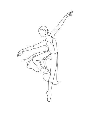 Dans eden kadın sürekli beyaz arka planda izole edilmiş tek bir çizgi çiziyor. Bale dansçısı vücut özgürlüğü kavramı. Minimum balerin posteri baskısı. Çizgi çizimi tasarım vektörü grafik çizimi