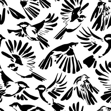Abstract flying birds on simple background. Freedom concept. Grunge drawing of pigeons, doves, tit seamless pattern. Bird silhouettes art. Vector illustration for minimal textile fabric print design