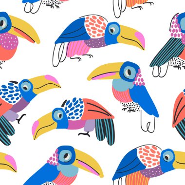 Soyut, kusursuz bir tukan deseni. Tropikal kuşlar soyut çocuk odası arka planı: karalamalı, karalamalı, organik formlu asgari kuşlar. Tekstil kumaş baskı tasarımı için vektör el çizimi çizimi