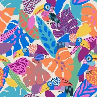 Soyut geometrik şekiller, kusursuz desenler. Tropik soyut doğa geçmişi: karalamalar, karalamalar, çiçek, yaprak, kuşlar, minimum organik formlar. Vektör illüstrasyon tekstil kumaş baskı tasarımı