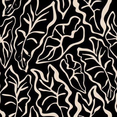 Soyut tropikal yapraklar pürüzsüz desen oluşturuyor. Yaz dönemi. Minimalist baskı, kapak, boho ev dekorasyonu, duvar kâğıdı tasarımı Vektör sanatı için el yapımı grunge mürekkep desenli minimal illüstrasyon