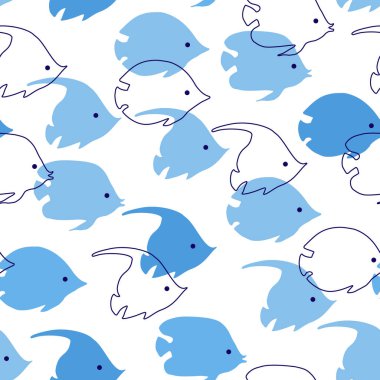 Soyut renksiz balık deseni. Tropik balık okullarının yüzme geçmişi. Deniz hayatı çizgi film stili. Yazın kumaş tasarımı için siluet ve çizgi sanatında vektör illüstrasyonu